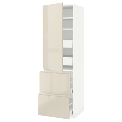 High gloss beige kitchen cabinet with drawers and adjustable shelves.