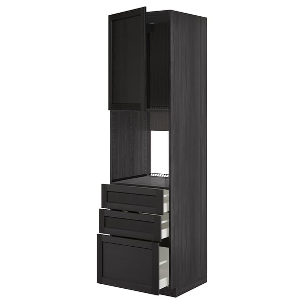 Modern black kitchen unit with sleek drawers and open shelf, featuring dark wood finish and bevelled edges.