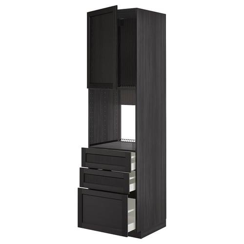 Modern black kitchen unit with sleek drawers and open shelf, featuring dark wood finish and bevelled edges.