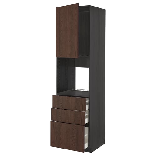 A dark brown METOD kitchen unit with drawers and open shelving.
