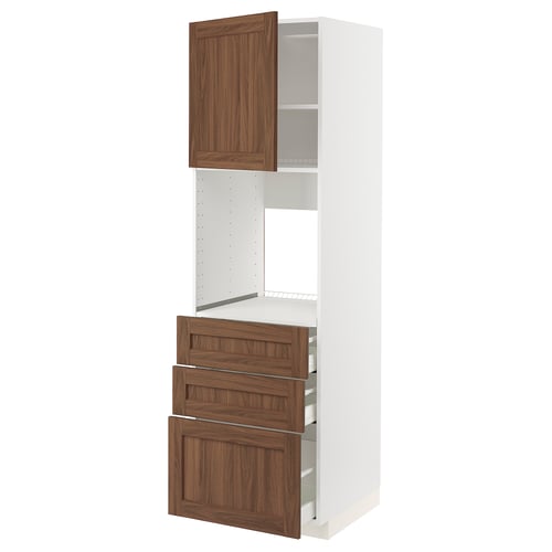 A white ikea METOD kitchen unit featuring walnut-colored drawers and a cabinet. It has a modern, minimalist design with a sturdy frame.
