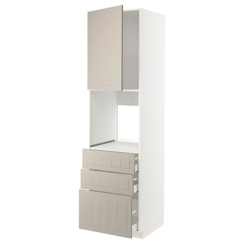 METOD white kitchen cabinet with beige drawers and doors, modern design.