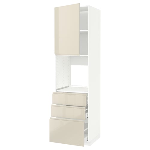 A white METOD kitchen unit with beige high-gloss drawers and doors, featuring a modern design with sleek, smooth surfaces and integrated handles.