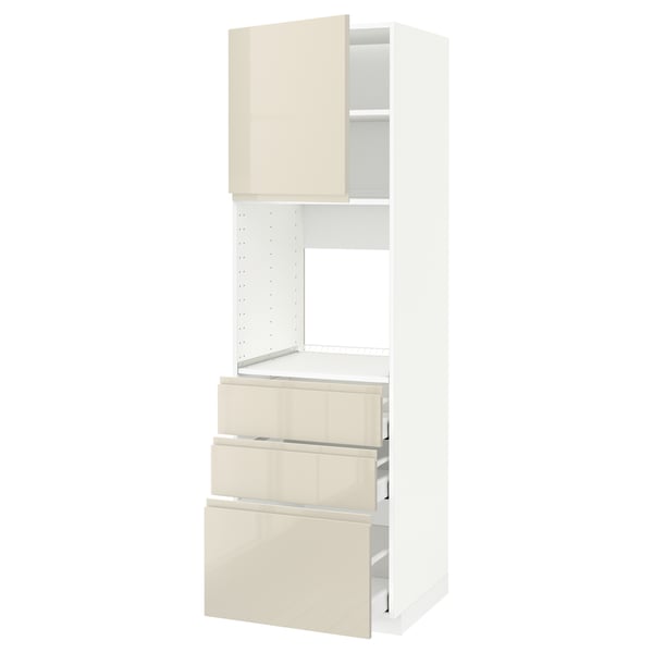 METOD / MAXIMERA High cab f oven w door/3 drawers, white/Voxtorp high-gloss light beige, 60x60x200 cm