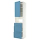 A blue and white IKEA METOD kitchen cabinet with three drawers and an open upper cupboard, featuring a classic design with bevelled edges.