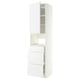 White METOD kitchen cabinet with upper cabinet, open section, and three drawers. Sleek, modern design with minimalist handles.