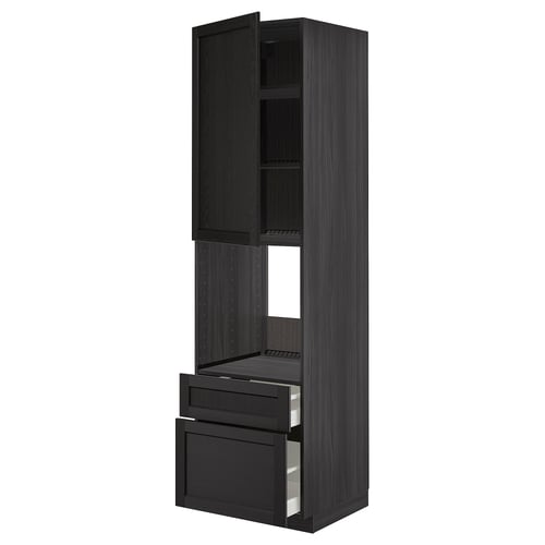 METOD black cabinet with open door, two drawers, and adjustable shelf, sleek modern design.