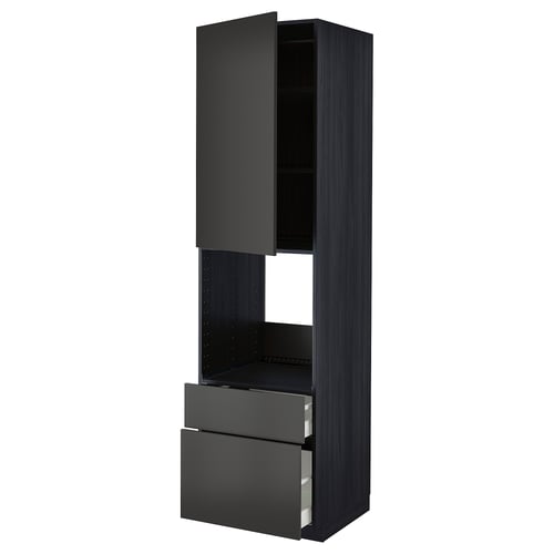 Black kitchen cabinet with two drawers and an open upper compartment.