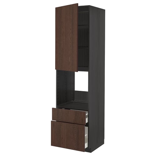 Dark wood kitchen unit with open shelves and drawers.