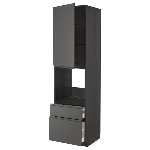 Dark grey modern kitchen cabinet with drawers and shelves.
