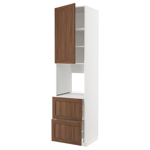 METOD kitchen unit: white & walnut, tall with shelves & drawers.
