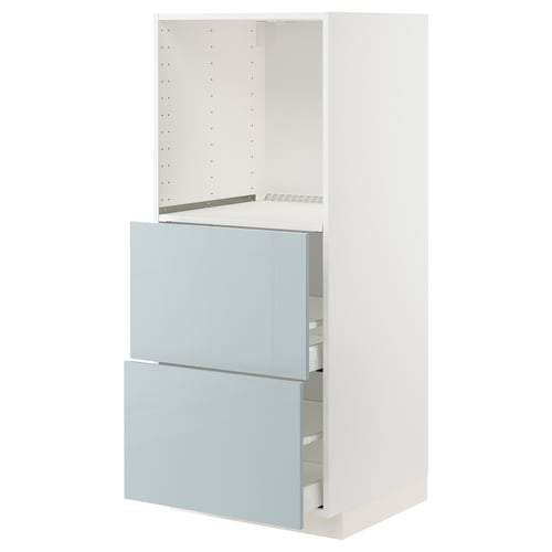 Ikea METOD white high cabinet with grey-blue drawers.