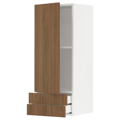 METOD / MAXIMERA Wall cabinet with door/2 drawers, white/Tistorp brown walnut effect, 40x100 cm