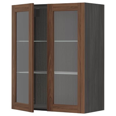 METOD Wall cabinet w shelves/2 glass drs, black Enköping/brown walnut effect, 80x100 cm