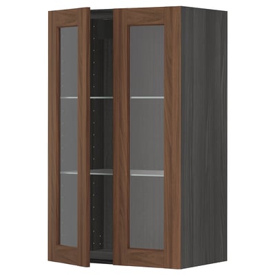 METOD Wall cabinet w shelves/2 glass drs, black Enköping/brown walnut effect, 60x100 cm
