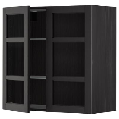 METOD Wall cabinet w shelves/2 glass drs, black/Lerhyttan black stained, 80x80 cm