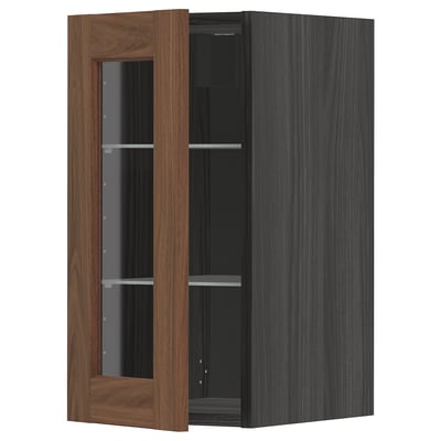 METOD Wall cabinet w shelves/glass door, black Enköping/brown walnut effect, 30x60 cm