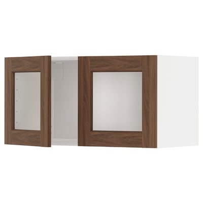 METOD Wall cabinet with 2 glass doors, white Enköping/brown walnut effect, 80x40 cm