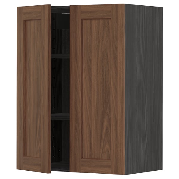 METOD Wall cabinet with shelves/2 doors, black Enköping/brown walnut effect, 60x80 cm