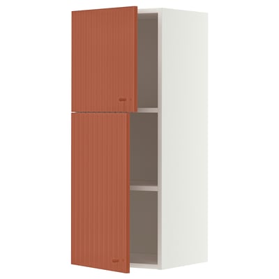 METOD Wall cabinet with shelves/2 doors, white/Terrsjö red-brown wave pattern, 40x100 cm