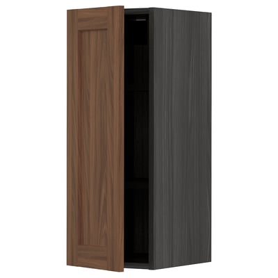 METOD Wall cabinet with shelves, black Enköping/brown walnut effect, 30x80 cm
