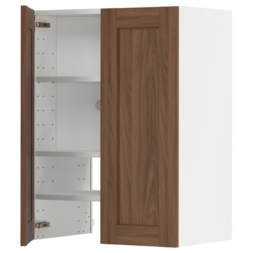 A white METOD kitchen cabinet with a wooden door. Its rectangular, has three shelves inside, and a simple, classic design.