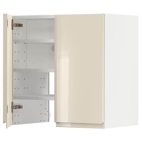 A high-gloss beige METOD kitchen cabinet with an adjustable shelf and reversible door.