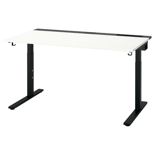 MITTZON desk: modern black adjustable desk with white top, ergonomic design, height-selectable, includes cable management tray and hooks.