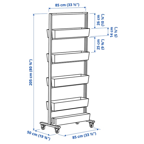 MITTZON Frame w castors/container/cable box, white, 85x205 cm