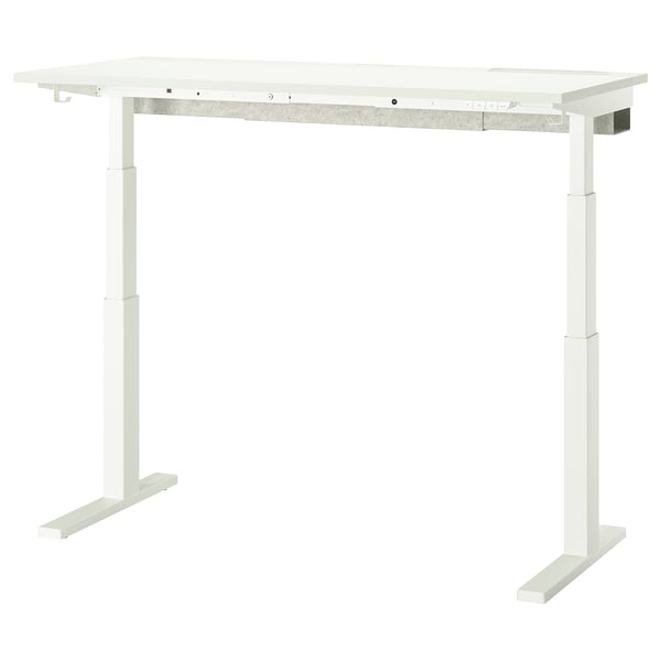 A white MITTZON office table with a rectangular top and metal legs. Its clean, stain-resistant, and has a simple design.
