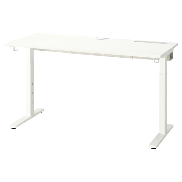 Adjustable white desk with durable, stain-resistant surface for any office.