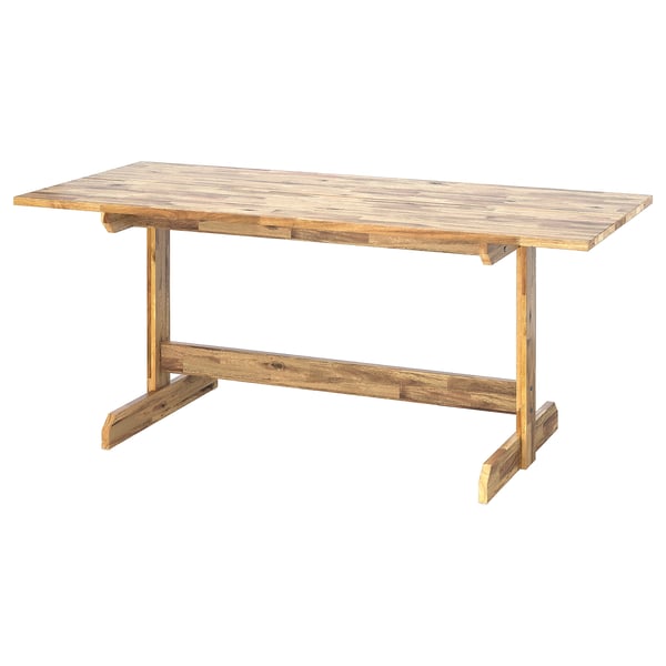 Rustic brown acacia wood dining table with natural grain and traditional shaker-inspired four-legged design.