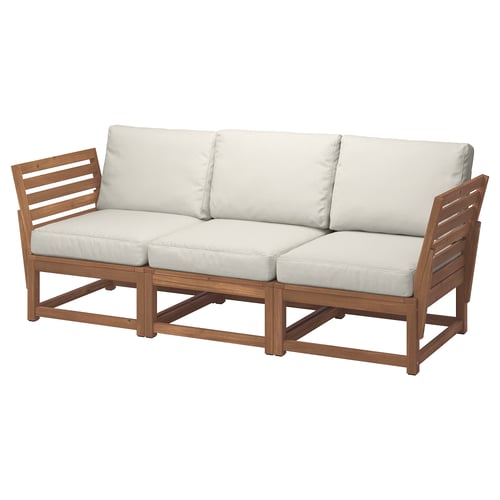 NÄMMARÖ sofa, light beige cushions, acacia wood, l-shape, outdoor design.