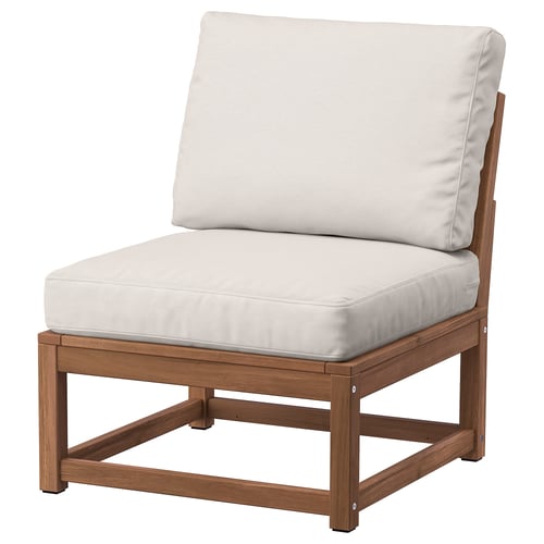 NÄMMARÖ outdoor chair. Beige cushions on light brown wooden frame. Comfortable, rectangular design.