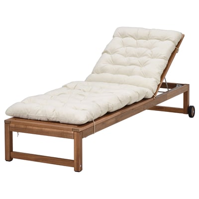 Beige NÄMMARÖ lounge chair, wooden frame, adjustable back, soft padded seat.