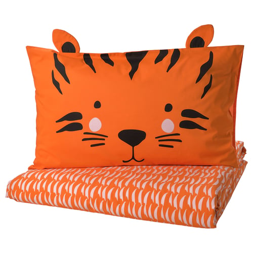 Orange tiger-themed bedding set with matching pillowcase and printed pattern.