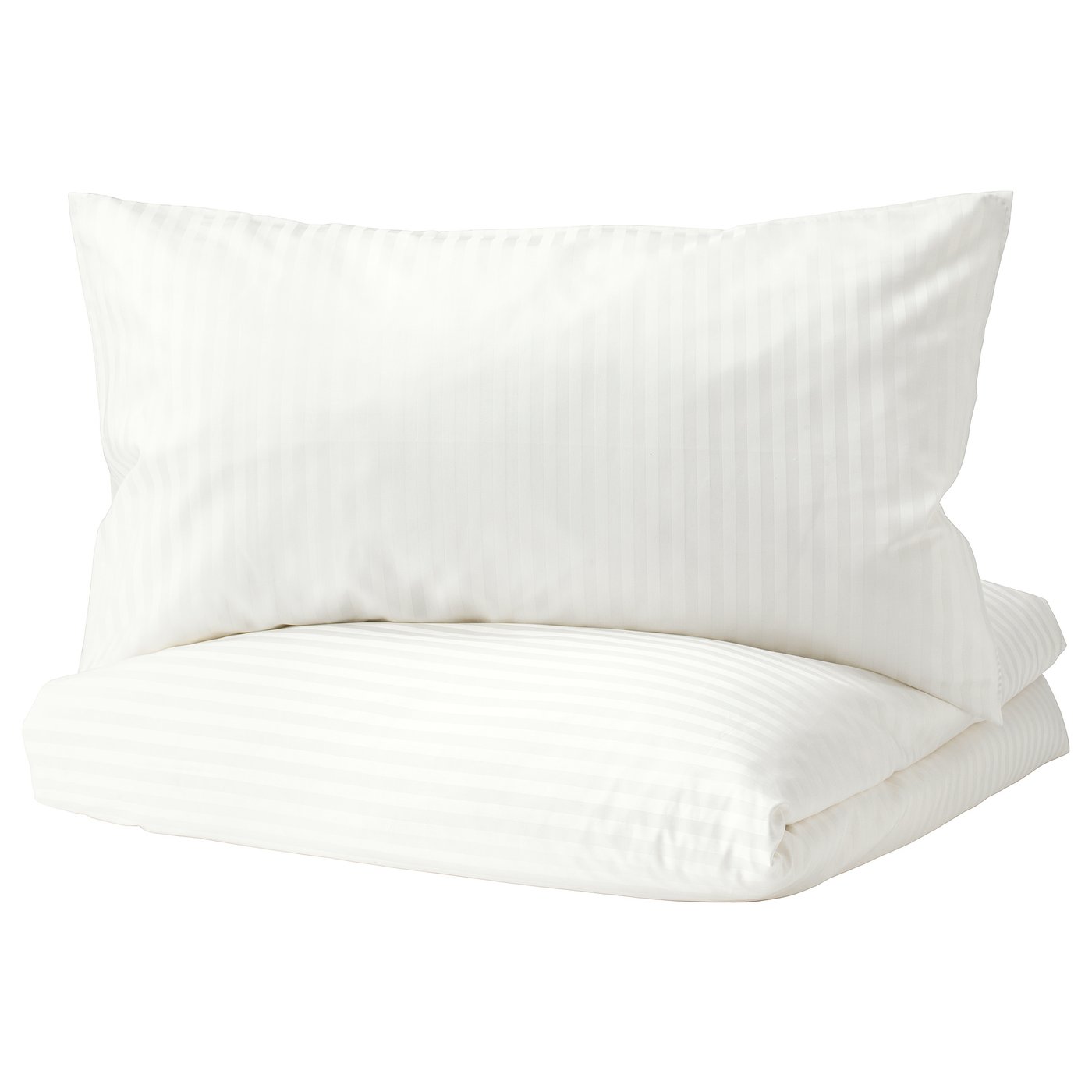 A white NATTJASMIN duvet cover and pillowcase set, featuring subtle stripes, crafted from a cotton and lyocell blend.