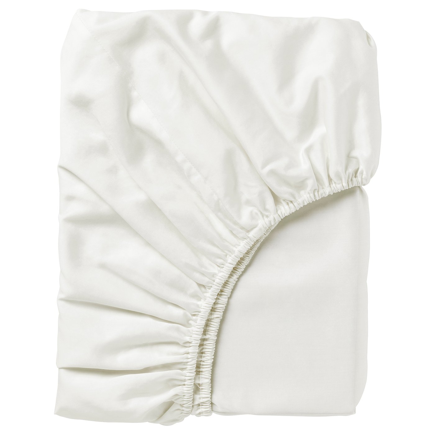 A white, folded bed sheet named NATTJASMIN, featuring a smooth, silky texture, with gathered edges.