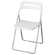 A white NISSE folding chair with a plastic seat and back, supported by a chrome-finished metal frame. Simple and space-saving design.