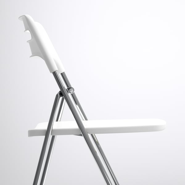 A sleek white folding chair, shown in an upright position. A sturdy metal frame and comfortable plastic seat, designed for easy storage.