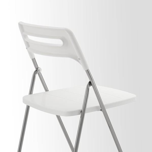 Foldable white chair with chrome legs and back support, designed for easy storage and comfort.