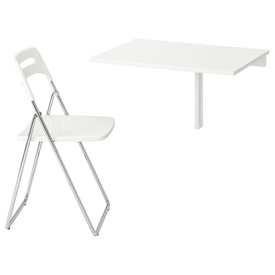 A white NORBERG foldable dining set with a wall-mounted drop-leaf table and a folding chair, both in white.