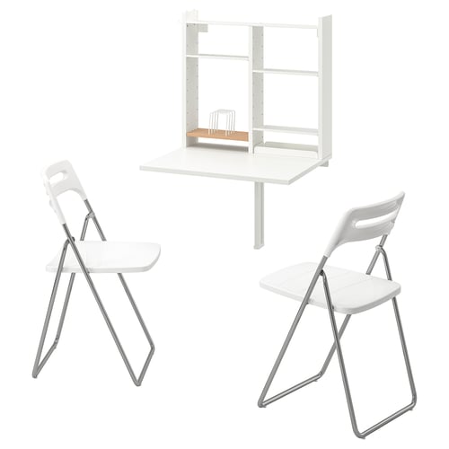White NORBERG foldable dining set with drop-leaf table & 2 chairs.