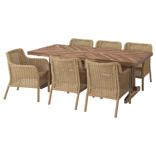 NORRMANSÖ / ULVEVÄR Table and 6 armchairs, acacia/plastic rattan brown, 220x100 cm