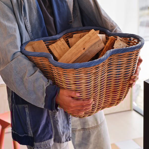 OMMJÄNGE Basket, beige/blue, 40x40x26 cm