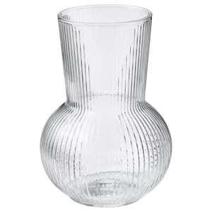 PÅDRAG clear glass vase, round with ribbed design, elegant and decorative.