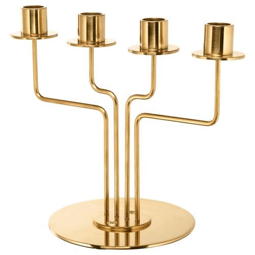 Gold PÄRLBAND candelabra holds 4 candles, modern minimalist design with round base, curved metal arms.