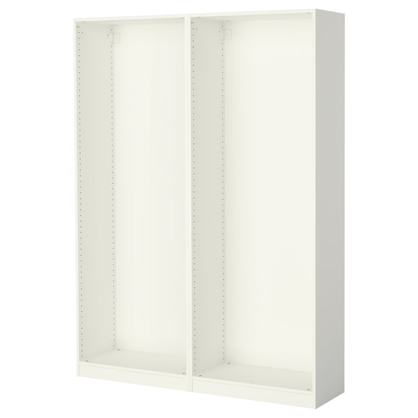 A white ikea PAX wardrobe frame, rectangular with pre-drilled holes for shelves, standing upright.