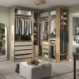 PAX Corner wardrobe, grey-beige/grey-beige oak veneer, 210/180x236 cm