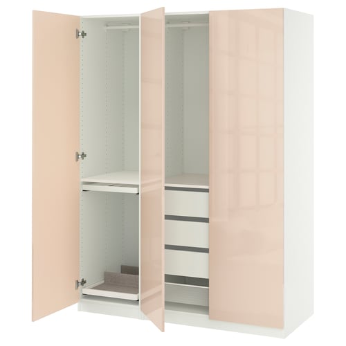 PAX wardrobe: light pink, three doors, two shelves, soft-close hinges, modern design.